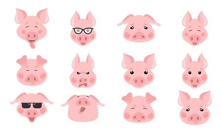 Collection of funny pig emoticon characters in different emotions.  setの写真素材