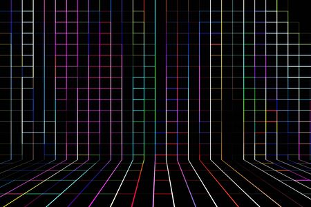 Abstract multicolored background, with lines and squares on the wall in perspective.の写真素材