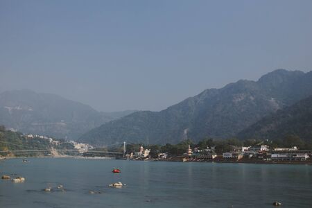 View of Ganga and Rishikesh, holy Indian place, capital of yoga