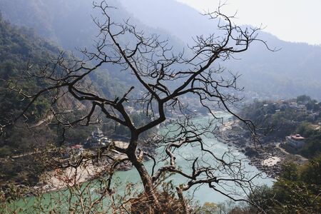 View of Ganga and Rishikesh, holy Indian place, capital of yogaの写真素材
