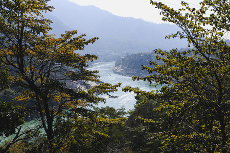 View of Ganga and Rishikesh, holy Indian place, capital of yoga