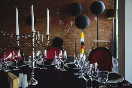 decoration of the hall and tables for the celebration with the dark colorsのeditorial素材