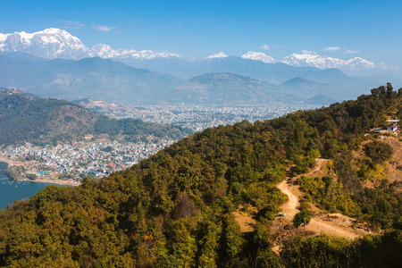 Famous tourist view of Phewa lake and Annapurna mountain  range from World Peace Pagoda in Pokhara, Nepalの写真素材