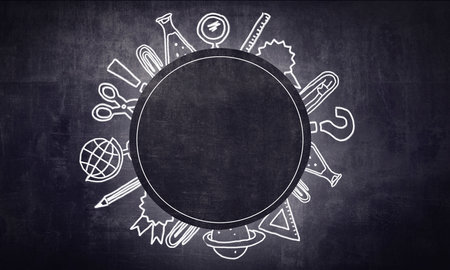 A chalk board with painted school supplies. Frame for labels. horizontal orientation. dark background.の写真素材