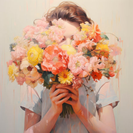 Girl covering her face with a bouquet of flowers, concept for international women's day, spring.の写真素材