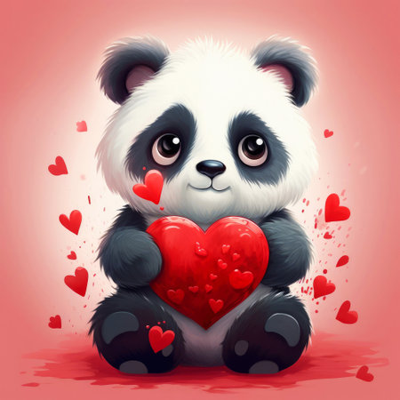 Cute cartoon panda holding red heart in paws, valentine's day card.の写真素材