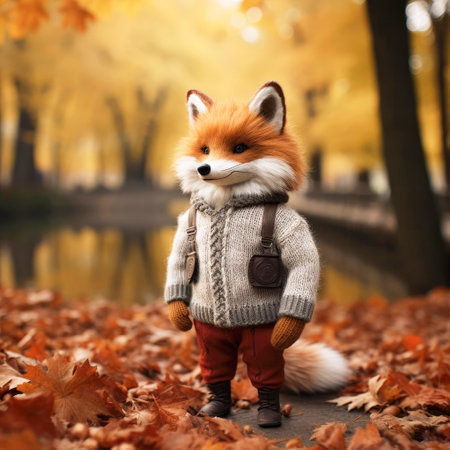 Cartoon fox in sportswear in autumn forest.の写真素材