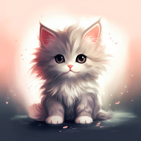 Fluffy kitten in gray on a pink background.の写真素材
