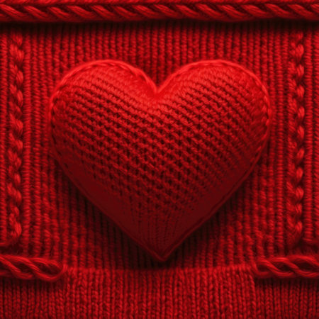 Red knitted heart on background, postcard, banner.