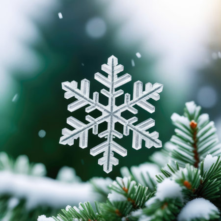 Close-up snowflake on a spruce branch, macro photography.