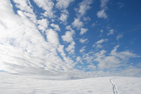Track in snow in horizon under huge clouds in a landscape