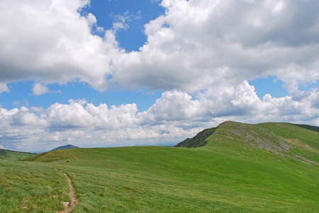 . A summer mountain landscape with green slopes and a track in horizon.