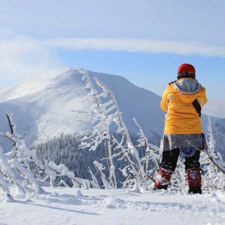 Tourist on winter walkの写真素材