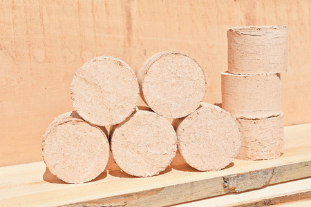 Briquettes fuel from wood shavings of oak and beech.の写真素材