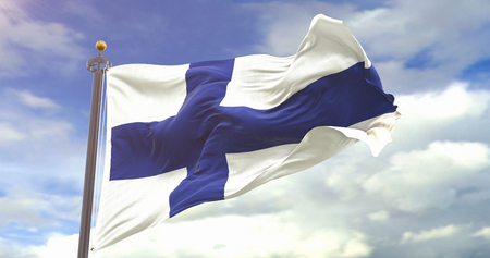 Finland Flag Sky Background. Wave And Fabric Finland Flag.の写真素材