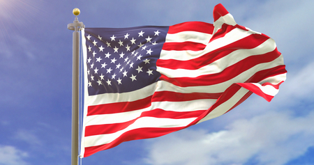 United States Flag Waving Wind On Sky Background. Wave And Fabric.の写真素材