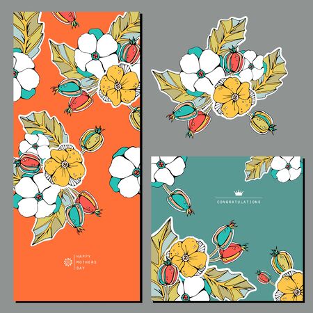 Greeting cards with briar berries and flowers.のイラスト素材