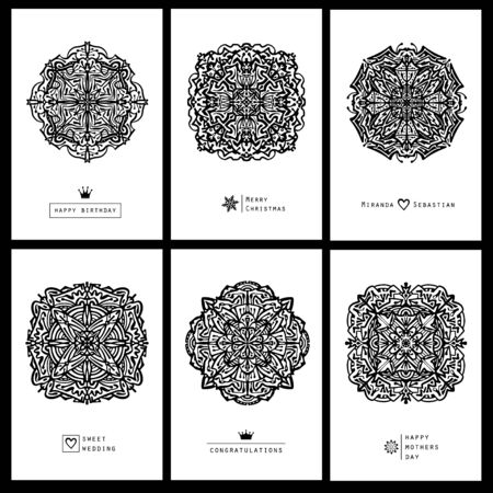 Collection mandala cards on white isolated background. Antistress coloring book.のイラスト素材
