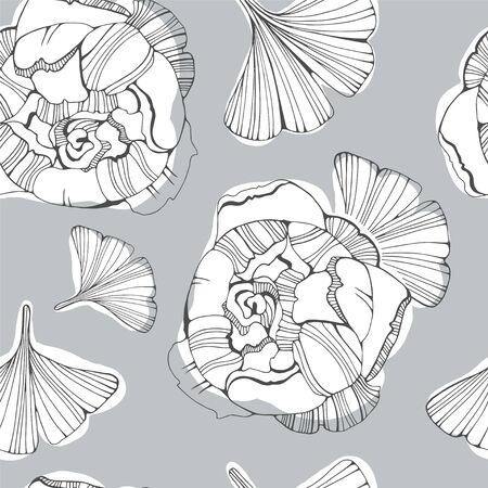 Seamless pattern with hand drawn leafs ginkgo biloba and peonyのイラスト素材