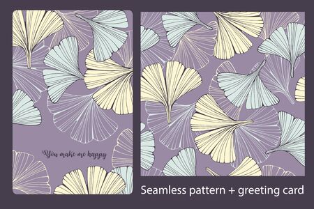 Set of card and seamless pattern with hand drawn leafs ginkgo biloba.のイラスト素材