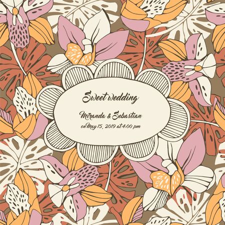 Wedding invitation template with monstera leafs and orchid.のイラスト素材