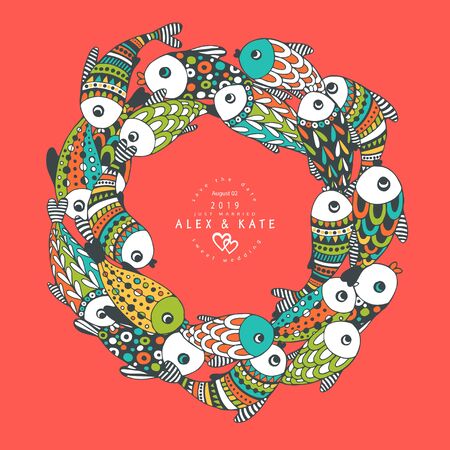 Greeting frame with school of fish.のイラスト素材