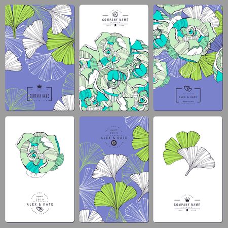 Set invitation template with hand drawn leafs ginkgo biloba and peony.のイラスト素材