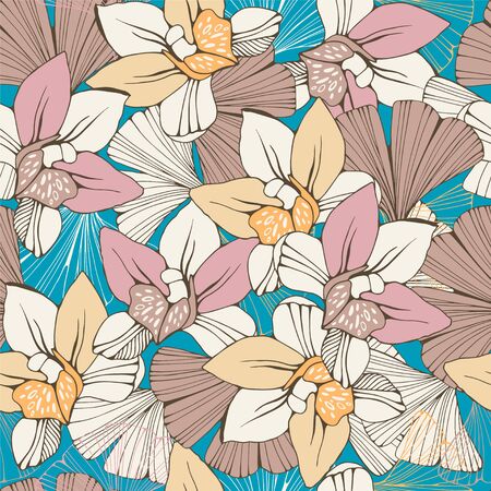 Seamless pattern with orchids and ginkgo biloba leafs.のイラスト素材