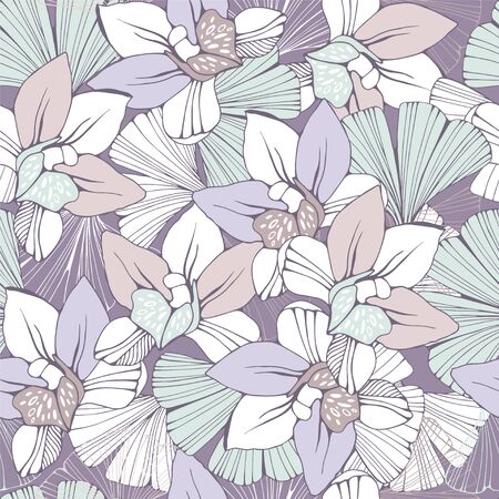 Seamless pattern with orchids and ginkgo biloba leafs.のイラスト素材