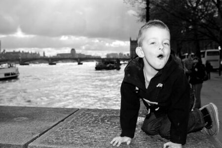 Young boy enjoying the sights in London Townの写真素材