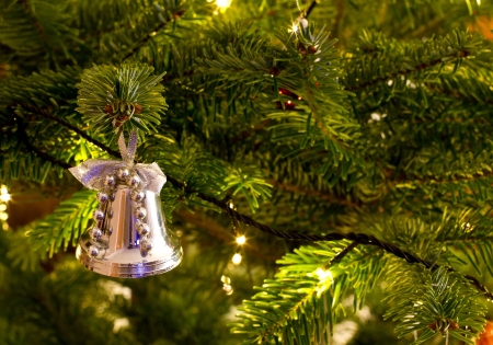 christmas bell hanging on the christmas treeの写真素材