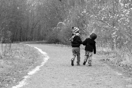 brothers walking together along a country trailの写真素材