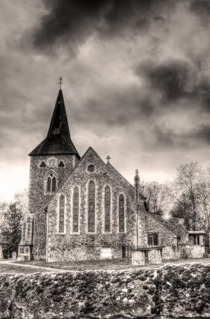 church and graveyard at duskの写真素材