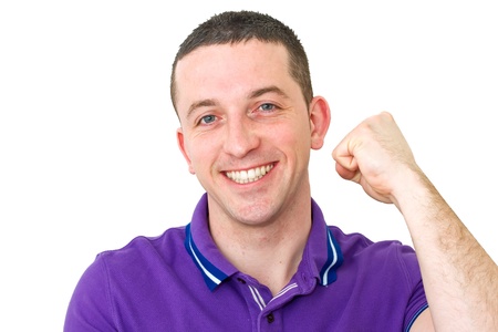 man with purple top cheeringの写真素材