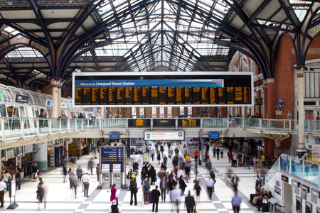 LONDON - APR 24th 2013 : Inside view of Liverpool Street, since 1874, third busiest railway terminus in London after Waterloo and Victoriaのeditorial素材