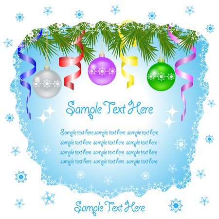 Christmas banner with fir branches, Christmas balls, snowflakes and space for text.のイラスト素材
