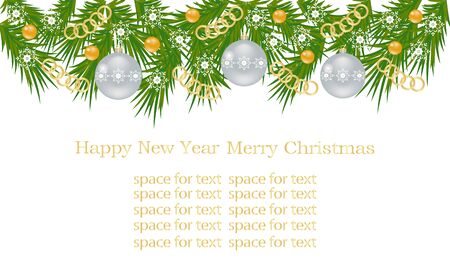 Christmas banner, card with Christmas tree branches. Christmas balls, gold chains and ornaments, white snowflakes and a place for text.のイラスト素材