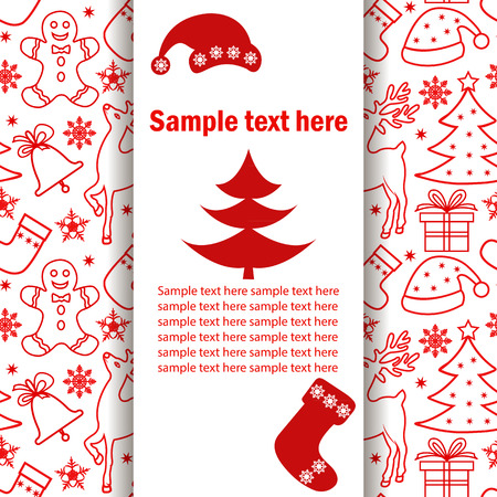 Christmas banner, postcard with a Christmas pattern. Red cap Santa, sock, Christmas tree, place for text on a white background.のイラスト素材