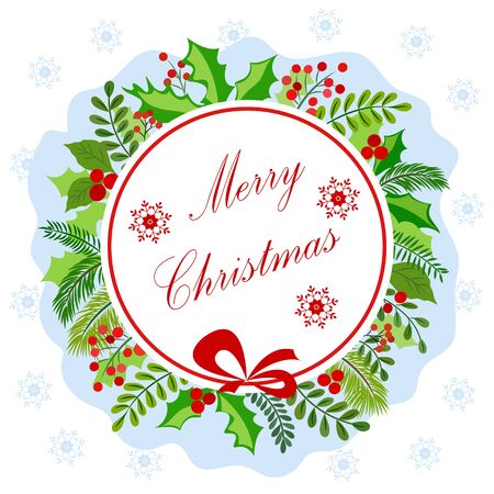 Christmas card with a round frame, welcome text. Decorated with green holly leaves, spruce branches, red berries, snowflakes.のイラスト素材