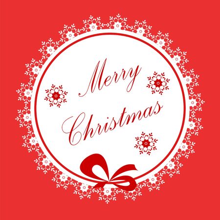 Christmas card with round frame, red and white snowflakes, red background, congratulatory text.のイラスト素材