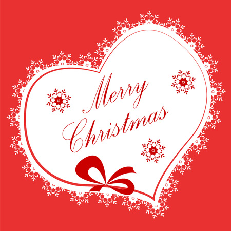 Greeting card with heart, red and white snowflakes, red background, place for text.のイラスト素材
