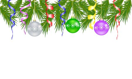 New Year banner, poster with Christmas tree branches, Christmas balls and serpentine, free space for text.のイラスト素材