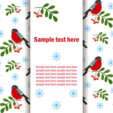 Winter banner, postcard with a bird bullfinch on branch, red berries, blue snowflakes, place for text.のイラスト素材