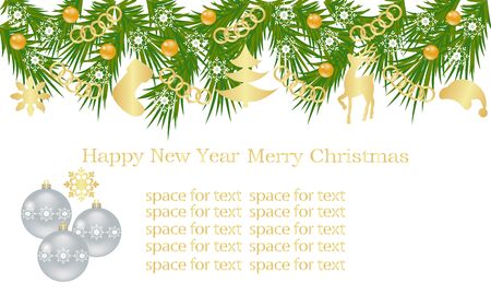 New Year's banner, card with fir branches, gold ornaments in the form of Christmas elements, Christmas balls, gold chains, snowflakes and a place for text.のイラスト素材