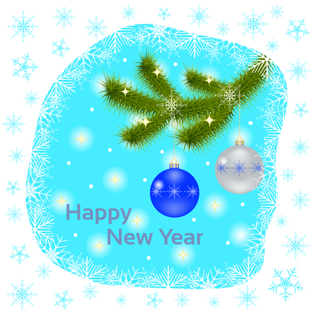 Greeting card with fir branches, Christmas balls and text on a blue background.のイラスト素材