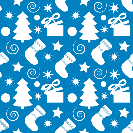Seamless pattern with Christmas elements. Christmas tree, gifts, socks, stars on a blue background.のイラスト素材