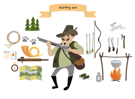 Hunting icon set. Flat style. Vector illustrationのイラスト素材