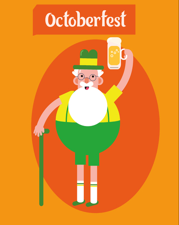 Oktoberfest character grandpa.Grandfather with a glass of beer, folk costumes. Poster. Flat design vector illustration.のイラスト素材