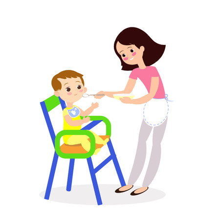 Mom feeds baby, cute cartoon charactersのイラスト素材