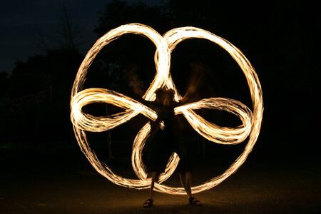 Fire-show man in action in night time.